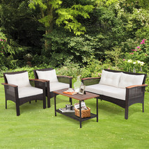 4 PCS Patio Furniture Set Outdoor Conversation Acacia Wood Set with Cush... - £457.34 GBP