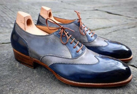 Handmade Men&#39;s Leather Oxfords Wingtips Blue Gray Custom Made Brogue Shoes-765 - £177.80 GBP