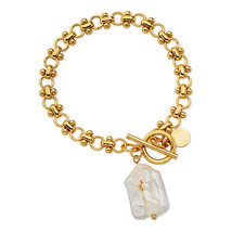 Scoop Womens Brass Yellow Gold-Plated Imitation Pearl Link Toggle Bracelet 7.5&#39;&#39; - £15.63 GBP