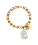 Scoop Womens Brass Yellow Gold-Plated Imitation Pearl Link Toggle Bracel... - £15.72 GBP