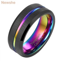 Charm Men&#39;s Tungsten Carbide Ring 8mm Black Wedding Band Rainbow Intermediate Gr - £22.85 GBP