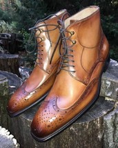 Handmade Men&#39;s Fashion Casual wingtip ankle high boots, Men&#39;s tan Leather boots - £119.06 GBP+