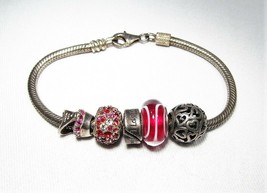 Chamilia .925 Sterling Silver Red Rhinestone "Love" Theme Bead Bracelet C2461 - £37.22 GBP