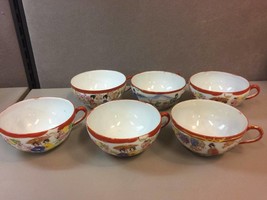 6 ANTIQUE FAMILLE ROSE MEDALLION ASIAN CHINA TEACUPS W/RED BORDER. MADE ... - $128.69