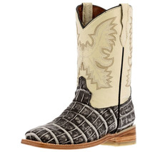Kids Unisex Western Boots Alligator Pattern Leather Off White Square Toe... - $44.99