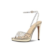 Women Clear Pvc Sandals Sparkly Rhinestone Thin High Heel Shoes Ankle Strap Crys - £92.04 GBP