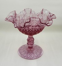 Fenton Glass Pedestal Bowl Compote Ruffled Candy Dish Pink Block and Star - $39.99