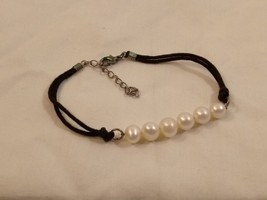 Vintage Faux Pearl Bracelet on Black Tie Cords 7&quot; Long with 1 1/2&quot; Chain Extende - £9.49 GBP