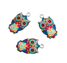 10 Multicolor Bright Colorful Enamel Owl Silver Bead Drop 23mm Charms Pendants - £4.00 GBP