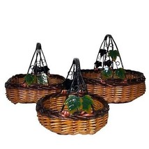 Cottagecore 3 Set Brown Woven Wicker Basket Metal Handles Green Leaves Farmcore - £40.24 GBP