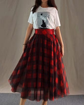 Red Long Plaid Skirt Holiday Outfit Women Custom Plus Size Tulle Plaid Skirt image 4