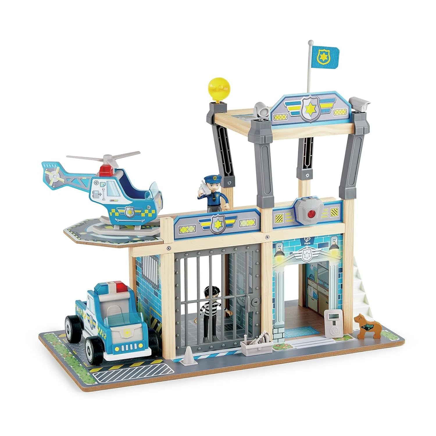Hape Metro Police Station Play Toy Set with Sounds and Lights| 2-Level Wooden Pr