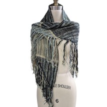 vtg 80s90s Stijfselkissie Hand Woven Aqua Metallic Gold Black Shawl Frin... - $77.22