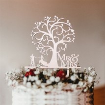 Wooden Mr and Mrs wedding cake topper silhouette tree with bride and groom, Wedd - £15.68 GBP