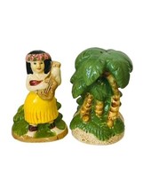 Salt Pepper Shakers vtg antique figurines Hawaii Tiki Maui Hula Girl Palm Tree - £31.61 GBP