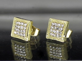 Men Women CZ Earrings Square Iced 10mm Studs Gold Plated Hip Hop Stainless Steel - £7.20 GBP