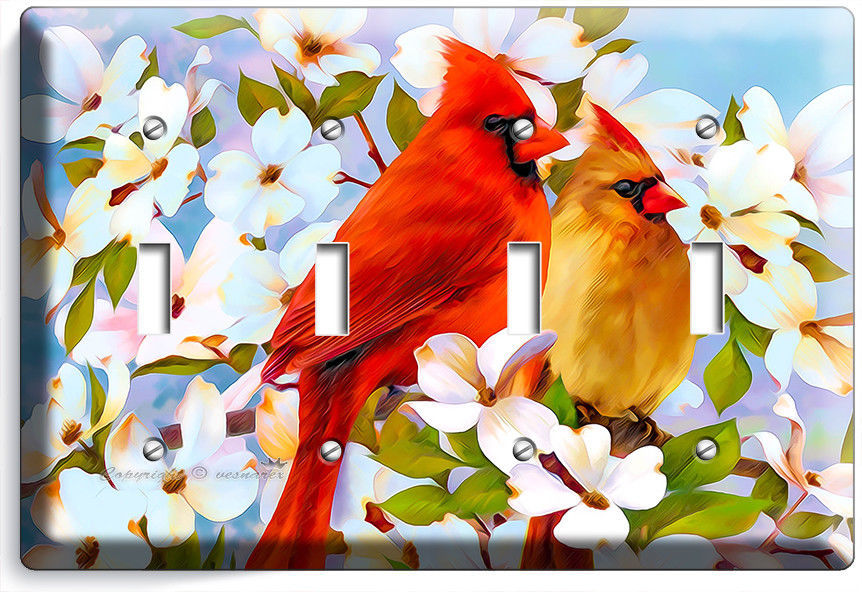 CARDINAL BIRDS MAGNOLIA FLOWERS TREE 4 GANG LIGHT SWITCH WALL PLATES ROOM DECOR - $18.59