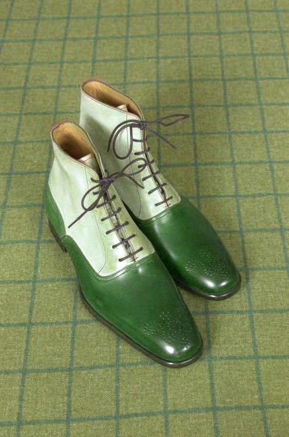 New Handmade Two Tone High Ankle Boots, Men Green And White Brogue Ankle Boots