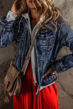 Dark Blue Fake Two-Piece Hooded Zip-Up Denim Jacket - $1,200.24 MXN