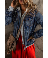 Dark Blue Fake Two-Piece Hooded Zip-Up Denim Jacket - $89.90 CAD