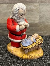 Kneeling Santa Praying Over Baby Jesus Christ ~ Vintage Ceramic Statue F... - $21.76