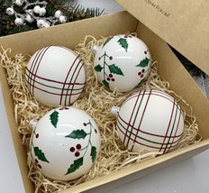 Set of 4 white Christmas glass balls, hand painted ornaments with gifted box - £44.95 GBP