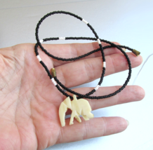 Vintage Carved ELEPHANT Pendant Small Black Bead Chain Necklace - $12.82