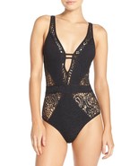 Becca &#39;Crochet Deep-V One-Piece Swimsuit Sz S/P Black - $44.35