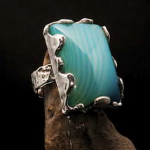 Rectangle shaped Sterling Silver Artwork Ring green Agate Cabochon Size 9.5 - £55.94 GBP