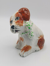 Handpainted St Bernards Tan &amp; White Dog With Green Polker Dot Bow Cerami... - $31.94