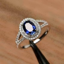 1.70Ct Oval Cut Blue Sapphire Diamond Halo Engagement Ring 14K White Gold Finish - £67.24 GBP