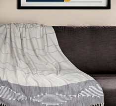 50" X 60" Ivory and Gray Woven Cotton Striped Throw Blanket with Fringe and Embr - €79,60 EUR