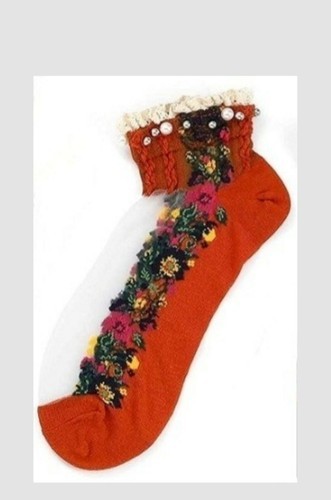 Handcrafted ~ Orange ~ Embellished w/Pearls ~ Lace ~ Floral Design ~ Ank... - $20.00