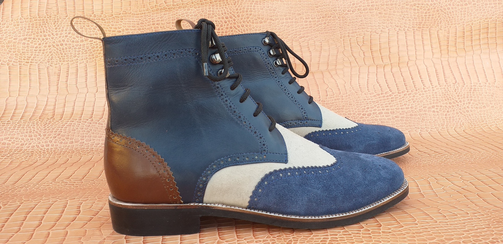 Three Tone High Ankle Blue Suede White Brown Wing Tip Rounded Toe Leather Boots
