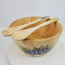 Vintage 1992 Hand Turned Wood Salad Bowl w/ Utensils Thailand Hand Painted - $35.53