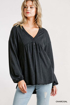 Women&#39;s Black Confetti Detailed Long Puff Sleeve Babydoll Top - $35.50