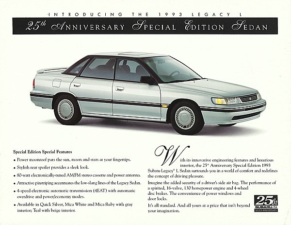 1993 Subaru LEGACY 25th ANNIVERSARY EDITION sales brochure sheet 93 - $8.00