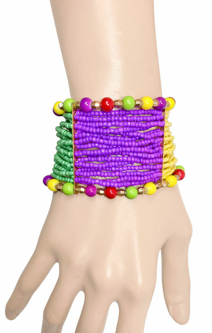 2" Wide Ethnic Tribal Boho Vivid Bright Colors Seed Beads Stretchable Bracelet  - $13.30
