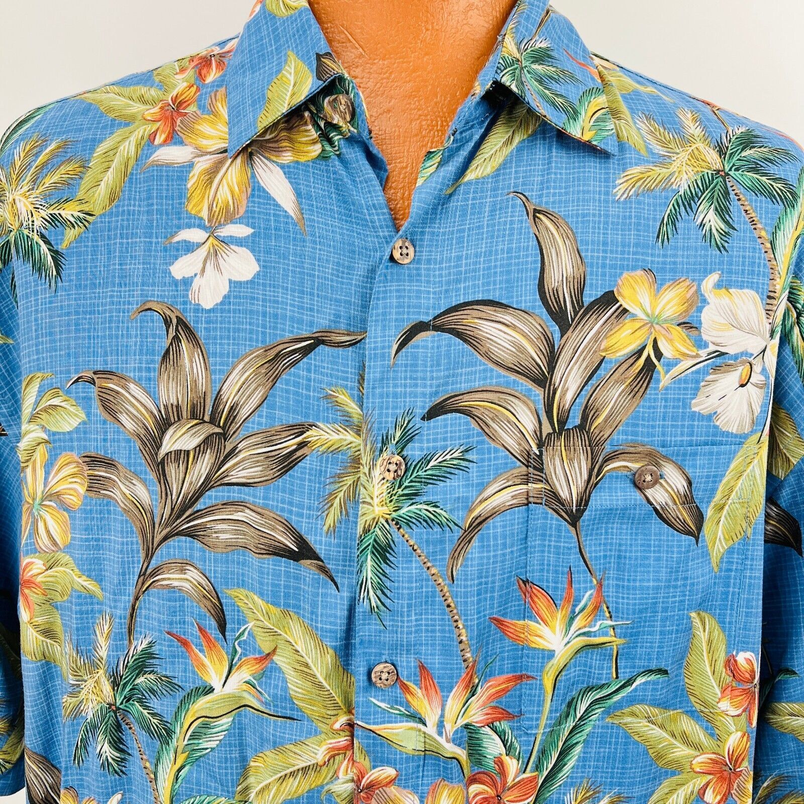 Campia Moda Hawaiian Aloha XL Shirt Hibiscus Flowers Palm Trees Plumeria Blue Item image 5