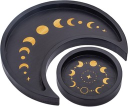 Crescent Moon Crystal Holder Tray Set, Black Wooden Wiccan Healing Stone - £29.56 GBP