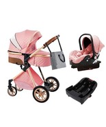Luxury 3in1 Pink Stitched Eggshell Folding Baby Stroller Bassinet Car Se... - £305.21 GBP