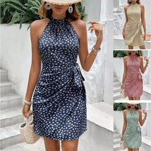 Lace-up Polka-dot Pleated Dress, Sleeveless Belted Halterneck Dress for ... - £31.32 GBP