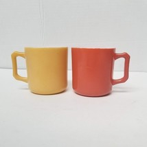 2 Hazel Atlas Small Coffee Cups D Handle Red Tan Child Size Milk Glass Mugs - $14.85