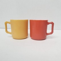 2 Hazel Atlas Small Coffee Cups D Handle Red Tan Child Size Milk Glass Mugs - £11.66 GBP