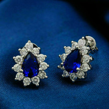 4CT Simulated Diamond Pear Blue Sapphire Stud Earrings 14K White Gold Plated - £56.28 GBP