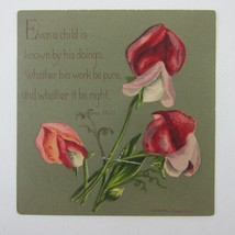 Victorian Greeting Card Proverbs Child Green Red &amp; Pink Flowers Antique 1881 - £4.73 GBP
