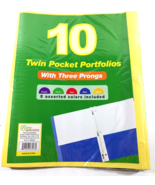 10 TWIN POCKET PORTFOLIOS With THREE PRONGS 5 Assorted Colors New Genera... - $3.79