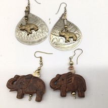 2 Pair Elephant Dangle Earrings Safari Boho Tribal Wooden Silver And Gold Tone - £10.61 GBP