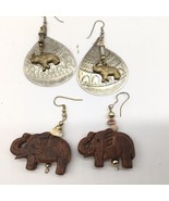2 Pair Elephant Dangle Earrings Safari Boho Tribal Wooden Silver And Gol... - £10.77 GBP