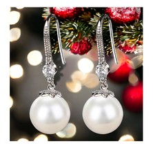 Classic White Round Faux Pearl Crystal Beaded Silver Hook Womens Dangle Earrings - £11.25 GBP